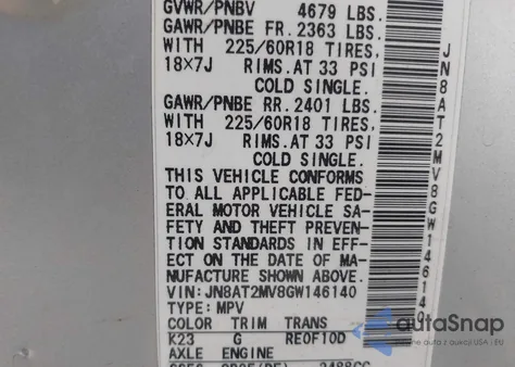 2016 Nissan Rogue Sl z USA, uszkodzony, nr VIN JN8AT2MV8GW146140